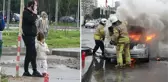 Cayır cayır yanan otomobillerini çaresizce izleyen baba ve kızın hali üzdü
