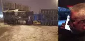 EKSKAVATÖR YÜKLÜ TIR DEPREM BÖLGESİNE GİDERKEN DEVRİLDİ