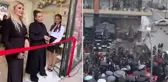 Konya'da bir grup, Selin Ciğerci'nin açılışını yaptığı güzellik merkezinin önünde 
