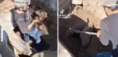 Mezar açma işlemi yapan görevlinin, kemikleri fırlatıp dalga geçtiği anlar pes dedirtti