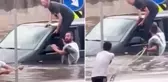 Yağışın etkili olduğu İkitelli'de aracında mahsur kalan sürücü, direğe bağlanan halat yardımıyla kurtarıldı
