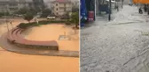 İzmir'de pazar yeri göle döndü, masa ve sandalyeler akıntıda sürüklendi