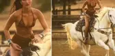 Bella Hadid, bikini üstü ve mini şortla at üzerinde poz verdi