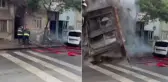 Dehşet anları kamerada! Yanan bina itfaiye erlerinin üzerine çöktü