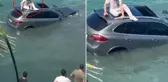 Denize uçan lüks cipin üzerinde dakikalarca kurtarılmayı bekledi
