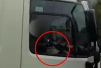 A truck driver was caught by the police while eating with a spoon at high speed on the highway.