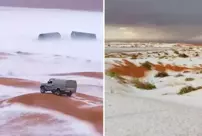 Unexpected hail in Saudi Arabia covered the desert with a white blanket.