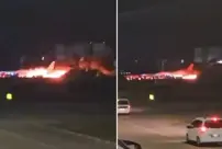 Fire on passenger plane landing at Antalya Airport.