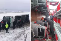 In Kars, a life-and-death situation! A passenger bus overturned into a ditch.