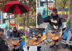 >Frankfurt'ta mobil sosisli satıcısı viral oldu: Taşınabilir ızgarası ve dev şemsiyesiyle dikkat çekti