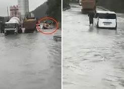 >Kemerburgaz yolu göle döndü, koca kamyon sulara kapıldı