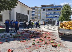 >Tekirdağ'da zabıtaya kızan seyyar satıcı, karpuzları belediye önünde parçaladı