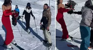 She skied on Erciyes in her red dress and distributed roses.