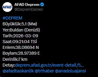Denizli'de 5.1 büyüklüğünde deprem! Çevre illerde de hissedildi