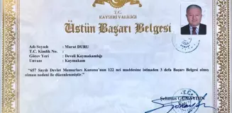 Kaymakam Duru, Üstün Başarı Belgesi ile ödüllendirildi