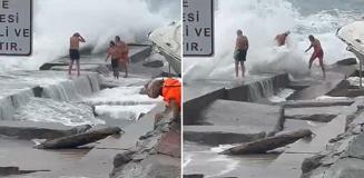 Korku filmi gibi! Lodos uyarısını hiçe sayan yüzücüleri dev dalgalar vurdu
