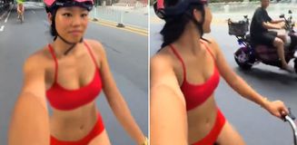 Kırmızı bikinisiyle trafiğe çıktı, 5 kazaya neden oldu Kırmızı bikinisiyle trafiğe çıktı, 5 kazaya neden oldu
