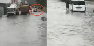 Kemerburgaz yolu göle döndü, koca kamyon sulara kapıldı Kemerburgaz yolu göle döndü, koca kamyon sulara kapıldı