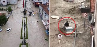 Samsun'da 10 dakikalık yağış sele yol açtı! Araçlar sürüklendi, evleri su bastı