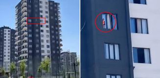 12'nci katta yürekleri ağza getiren anlar! Çocuk pencereye çıktı