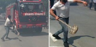 Silivri'de yangın ihbarına giden itfaiye ekibine kürek fırlattı