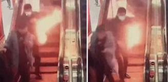 Yürüyen merdivenden alev saçarak indi