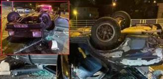 Kazada hurdaya dönen araçtan yara almadan kurtuldu