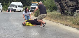 Freni boşalıp devrilen kamyonun şoförü öldü; yakınları feryat etti