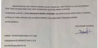 Mali müşavirden Sinovac'a 50 TL ile Atatürk kartpostalı teşekkür mektubu