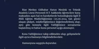 Rize'de Kız Meslek Lisesinde Görevli Memur Maksadını Aşan Hareketlerle İlgili Soruşturma Başlatıldı