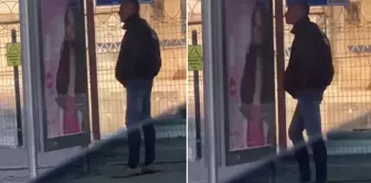 While waiting at the bus stop, he kissed the woman on the board.