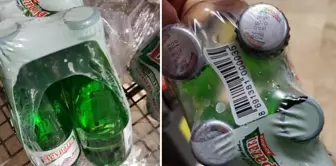 Here it is! The 6-pack of mineral water was examined, and he was shocked by the sight he saw.