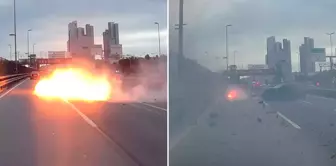 The driver who swerved hit the barriers, and the motorcycle caught fire and flew onto the road.