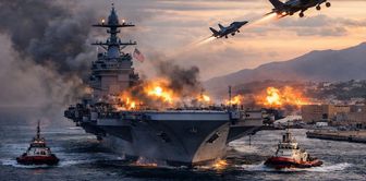 The US giant aircraft carrier is being towed to the port in Crete after a fire.