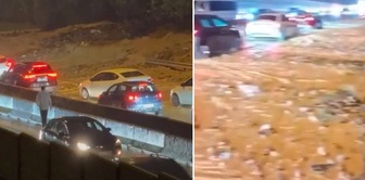Mud carried by floodwaters in Kartal closed one lane of the TEM connection road.