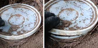 He opened the yogurt container buried in the ground! He couldn't believe what he saw.