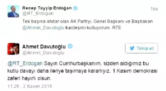 Erdoğan Congratulates Pm For Nov 1 Victory On Twitter