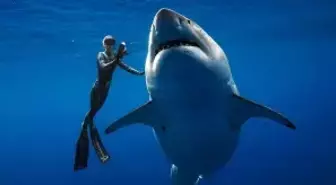 ABD'li Dalgıçlar, Dünyanın En İrisi Olduğuna İnanılan Büyük Beyaz Köpekbalığıyla Yüzdü