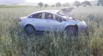 Şuhut'ta viraja hızlı giren otomobil takla açarak tarlaya girdi