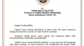 Kırklareli Valisi Osman Bilgin korona virüse yakalandı