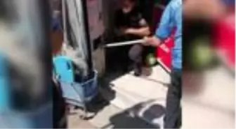 Marketin demir sütununda sıkışan kedi kurtarıldı