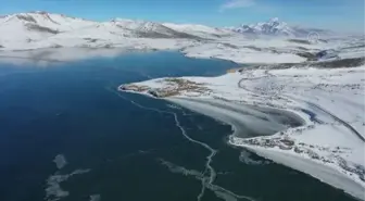 Yüzeyi buz tutan Balık Gölü'nde mangal keyfi yaptılar