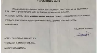 Mali müşavirden Sinovac'a 50 TL ile Atatürk kartpostalı teşekkür mektubu