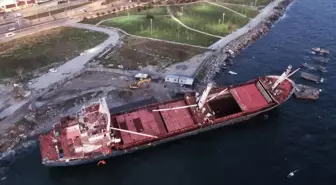 Fırtınada yan yatan kuru yük gemisinin son hali görüntülendi