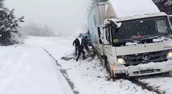 Yoldan çıkan kamyon, şarampolde kara saplandı