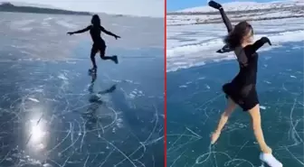 Milli sporcu İklim Şentunalı'dan Çıldır Gölü üzerinde buz pateni gösterisi