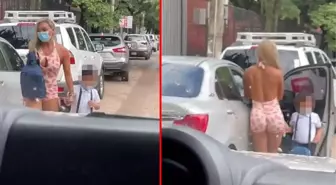 Oğlunu okula bırakırken giydiği kıyafet olay oldu! Veliler tepki gösterdi