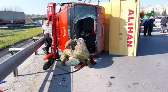 TEM'de kontrolden çıkan kamyon devrildi: 2 yaralı