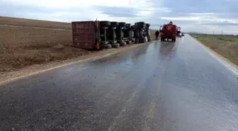 Seyitgazi'de yol kenarın devrilen tırın sürücüsü yaralandı