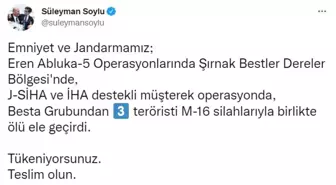 Bakan Soylu duyurdu: 'Besta Grubundan 3 terörist silahlarıyla birlikte ölü ele geçirildi'